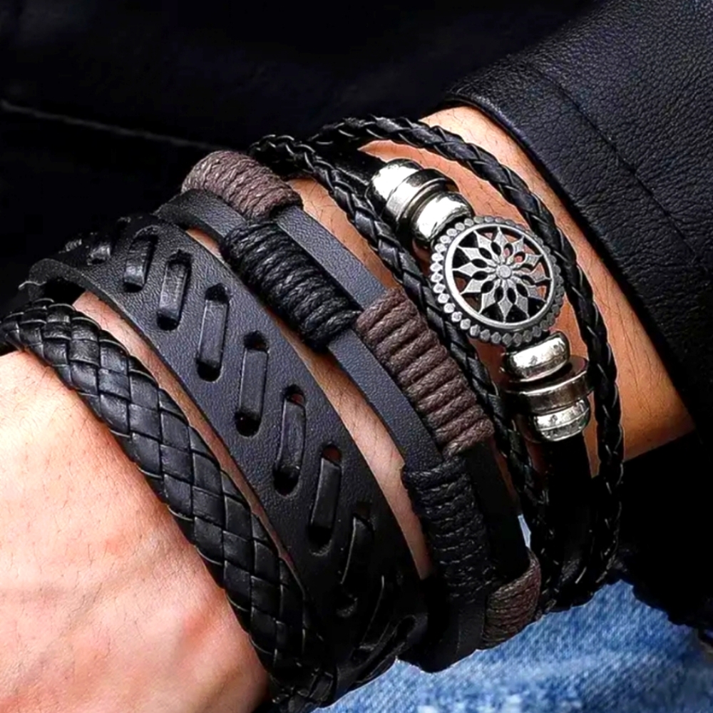 Men's Premium PU Leather Handmade bracelets, 4 piece